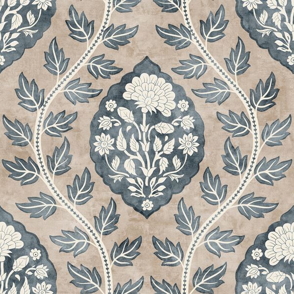 Floral Cartouche Wallpaper - Stone Blue